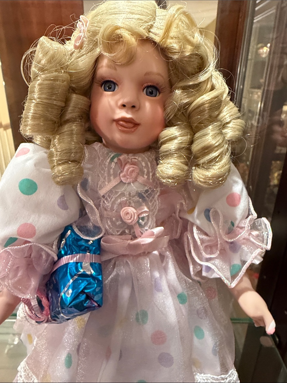 Vintage sweet little sugar porcelain Doll in Pink Polka Dot Dress - Picture 2 of 3